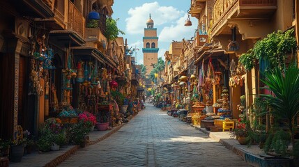 Obraz premium Vibrant market street filled with crafts and colorful decorations.