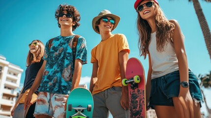 Group of cheerful teenagers with skateboards enjoying summer outdoors.