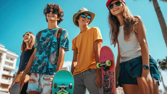 Group of cheerful teenagers with skateboards enjoying summer outdoors. - Powered by Adobe