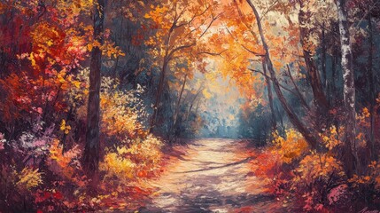 An enchanting walk through a peaceful autumn forest path, where the fiery colors of fall foliage create a serene and calming atmosphere