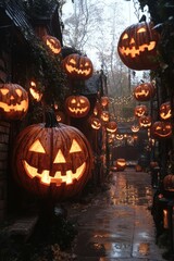 Fototapeta premium Creative pumpkin carvings add a touch of spooky charm to the Halloween festivities