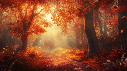 An enchanting walk through a peaceful autumn forest path, where the fiery colors of fall foliage create a serene and calming atmosphere