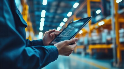 Hands architect and tablet for blueprint in logistics warehouse for building design and expansion Contractor people and scrum on app for floor plan review or meeting in factory for sup : Generative A