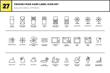 frozen food care label icon set. symbols of food grade. how to serve frozen meal. how to storage method frozen product. 
