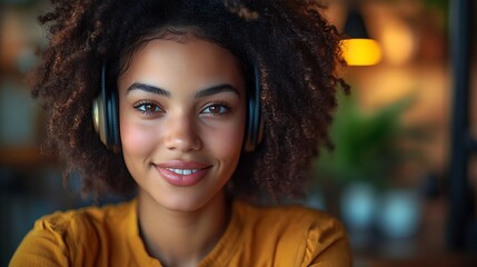 Obraz premium Happy african American woman working remotely on a virtual video team meeting call, remote work and flexible culture concept. Inclusive and diverse workplace. DEI remote working. 