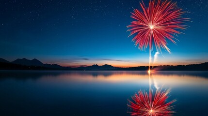 Red Fireworks Reflecting on a Tranquil Lake at Dusk