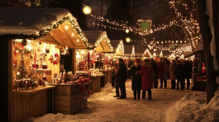 A festive outdoor Christmas market filled with brightly lit stalls selling ornaments, handmade gifts, and hot cocoa, with joyful crowds bundled up against the cold