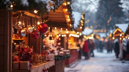 A festive outdoor Christmas market filled with brightly lit stalls selling ornaments, handmade gifts, and hot cocoa, with joyful crowds bundled up against the cold