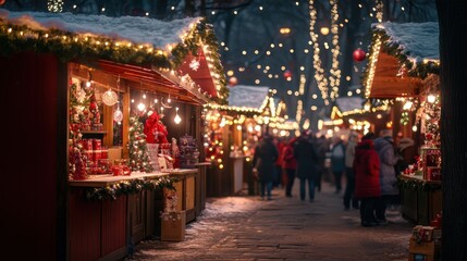 A festive outdoor Christmas market filled with brightly lit stalls selling ornaments, handmade gifts, and hot cocoa, with joyful crowds bundled up against the cold