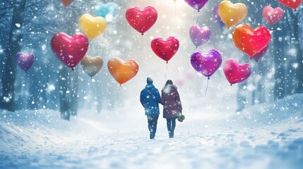 As snowflakes fall gently, a couple walks among vibrant heart-shaped balloons in a winter wonderland, celebrating their love on Valentine's Day