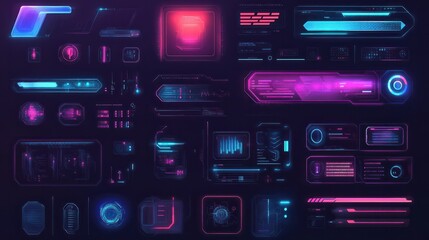 Modern set of futuristic game UI elements, such as health bars, energy bars, money bars, and check marks, in sci-fi style.