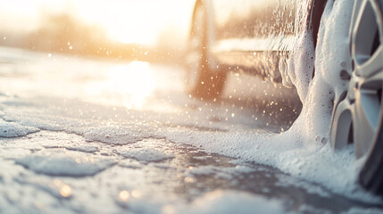 A close-up shot of a car being thoroughly washed, with thick layers of foamy suds covering the entire surface. The bubbles glisten under the sunlight, creating a reflective sheen. The water and foam