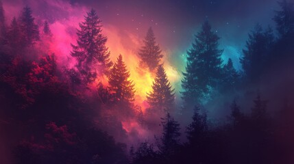 Atmospheric dark forest with thick fog and a mesmerizing array of vibrant, shifting colors
