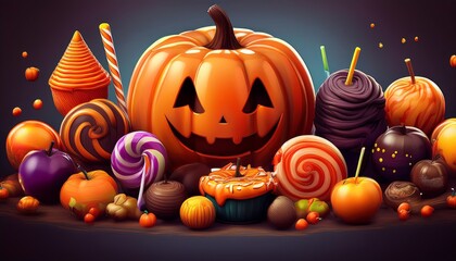 A festive Halloween scene featuring a carved pumpkin surrounded by various colorful candies and treats.