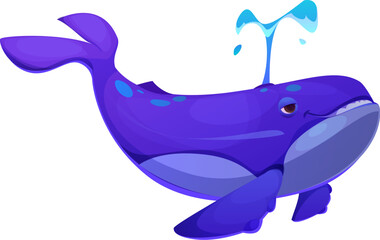 Cartoon whale character. Isolated vector friendly sea animal with purple skin and blue spots swims through the ocean and erupting water fountain, as it moves forward. Playful, cheerful marine creature