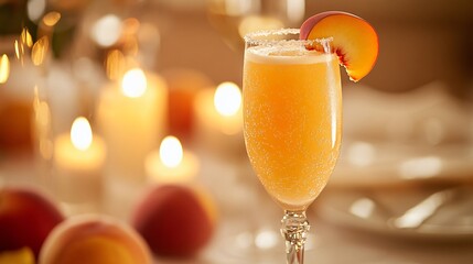 Glass of peach Bellini cocktail with sugared rim, garnished with a peach slice, on a table with blurry background of peach slices and candle light.