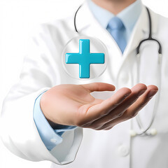 Doctor holding turquoise plus icon symbolizing healthcare and healing.