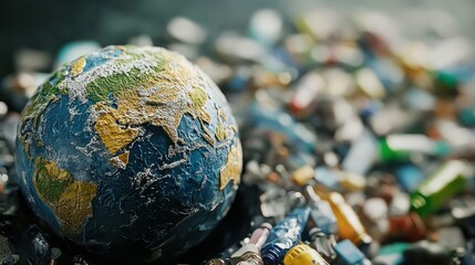 Planet vs. Plastics , Earth day 2024 concept. 3d globe earth made by plastics bottle and other plastic item. details, photo realistic.