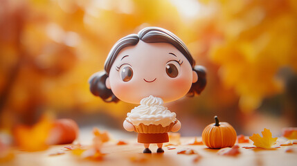 Chibi Girl Holding Pumpkin Cupcake in Autumn Setting, Thanksgiving Treat
