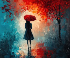 Person with red umbrella on a rainy evening pathway