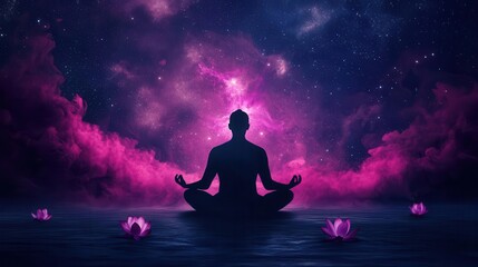 Brahma in a cosmic ocean, creating the world with divine energy, lotus flowers blooming around him