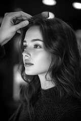 Fototapeta premium Black and white photograph of hairdresser styling woman's hair in salon, high level of detail 