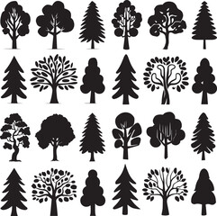 Black Tree Pattern with Six Different Shapes on White Background
