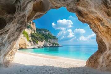 Fototapeta premium Turquoise water reaching sandy beach under rock arch formation