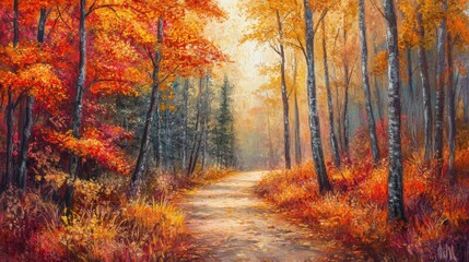 Fototapeta premium Autumn forest path bathed in the fiery hues of fall colors, offering a peaceful and enchanting walk through nature vibrant beauty