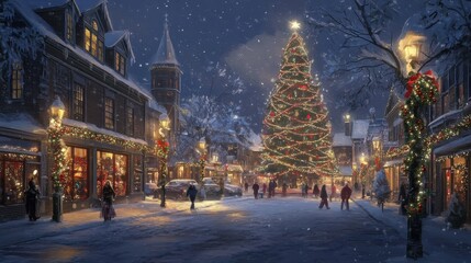 A snowy Christmas night in a small town, with holiday lights adorning buildings, a giant Christmas tree in the town square, and people walking joyfully through the snow