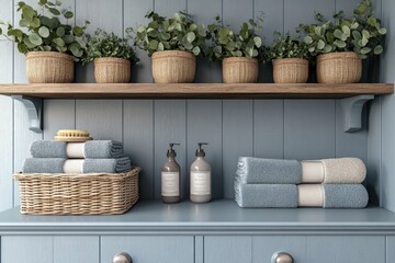 Fototapeta premium Beautifully arranged bathroom shelf with plants and towels