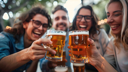 Happy friends celebrating drinking beer pint at park outdoor - Young people talking and laughing together at brewery pub garden - Friendship, youth and beverage concept