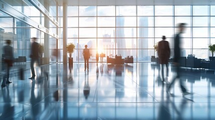 Modern business office interior with panoramic windows, elegant lighting, and blurred professionals in casual attire walking through the workspace.