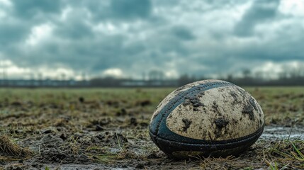 Rugby scrum cap on the ground, with grass stains, under overcast skies