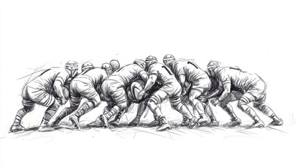 Rugby Scrum Formation Depicted in Minimalist One-Line Sketch