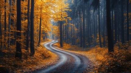 Autumn in Eastern Europe: a magical forest with colorful yellow and orange foliage, tree trunks, and a winding road through the vibrant landscape