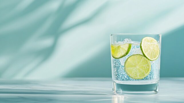 Glass of sparkling water with lime slices on a marble surface.