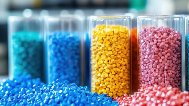 several dyed plastic polymer granulates in laboratory