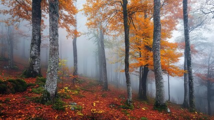 Obraz premium Autumn in the Balkan Mountains: foggy forest scene with vivid fall foliage creating a magical, peaceful landscape