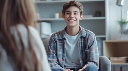 Smiling teenage boy talking with mental health professional while sitting on chair in school office