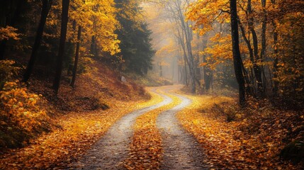 Obraz premium Autumn landscape in Eastern Europe: a magical forest road surrounded by vibrant yellow and orange leaves, tree trunks, and a picturesque fall scene