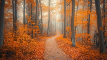 Obraz premium Autumn path in a serene forest, surrounded by fiery fall colors that transform the walk into an enchanting and peaceful journey