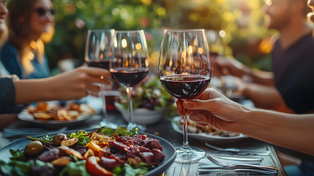 Happy friends having bbq dinner party in restaurant garden - Group of young people drinking red wine and eating meat sitting at lunch table - Food and beverage lifestyle concept