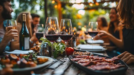 Happy friends having bbq dinner party in restaurant garden - Group of young people drinking red wine and eating meat sitting at lunch table - Food and beverage lifestyle concept