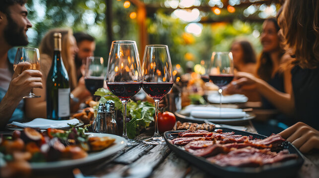 Happy friends having bbq dinner party in restaurant garden - Group of young people drinking red wine and eating meat sitting at lunch table - Food and beverage lifestyle concept