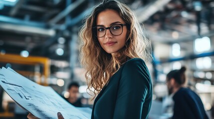 Professional Woman with Blueprints in Office Setting