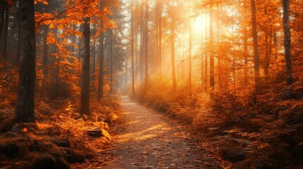 Naklejka premium Autumn path through a peaceful forest, where fiery fall colors create a magical and serene walking experience amid nature's beauty