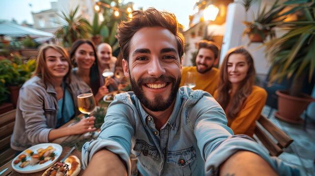 Happy friends having fun at rooftop dinner party - Group of young people taking selfie photo at outdoors dining table - Life style concept with guys and girls eating food and drin
