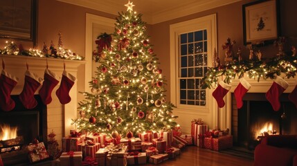 A beautifully decorated Christmas tree with sparkling ornaments and twinkling lights, surrounded by neatly wrapped gifts, stockings hung by the fireplace, and a warm festive atmosphere