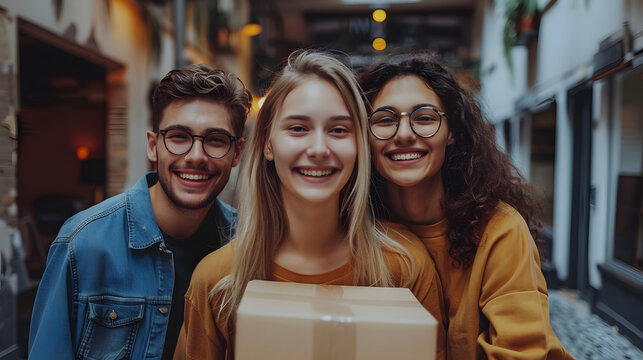 Happy friends moving in the new apartment together - Startup colleagues rent a new office - Flatmates looking for new roommate